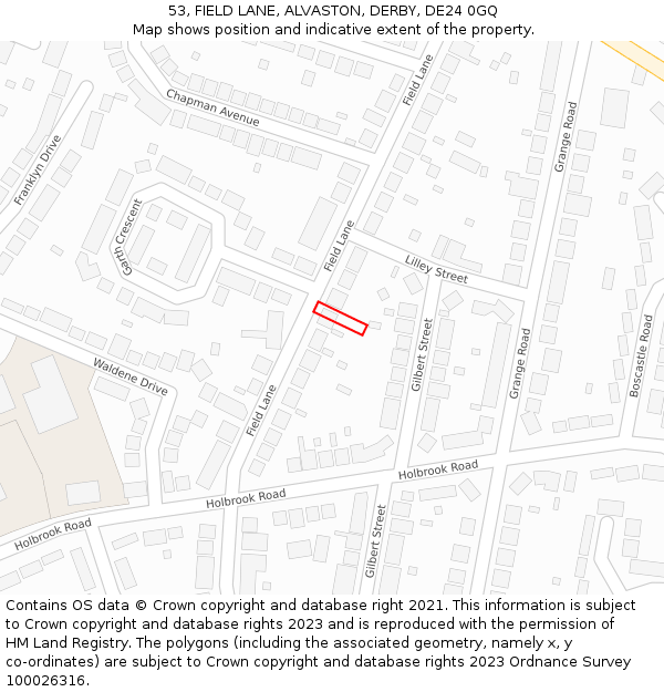 53, FIELD LANE, ALVASTON, DERBY, DE24 0GQ: Location map and indicative extent of plot