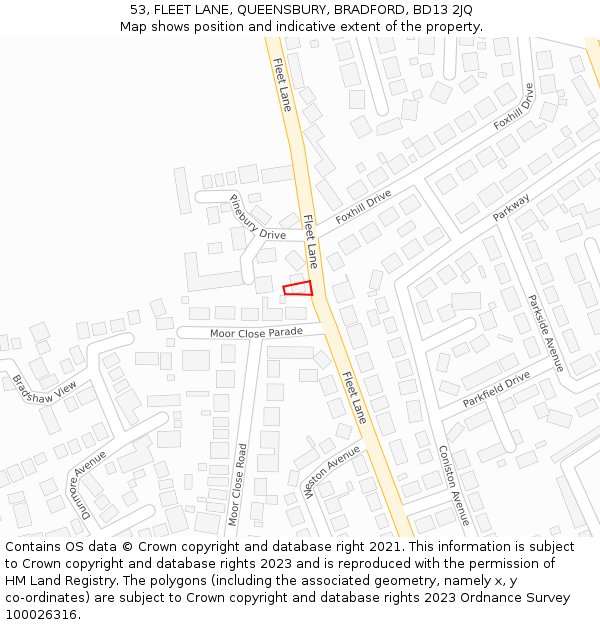 53, FLEET LANE, QUEENSBURY, BRADFORD, BD13 2JQ: Location map and indicative extent of plot