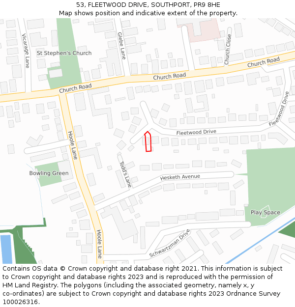 53, FLEETWOOD DRIVE, SOUTHPORT, PR9 8HE: Location map and indicative extent of plot