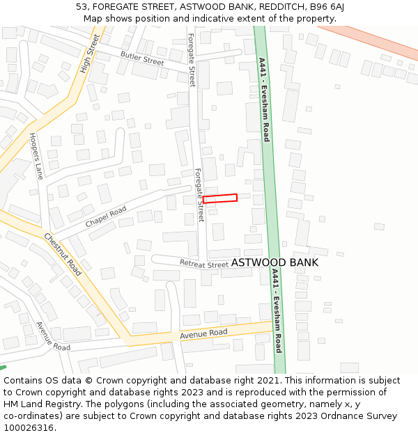 53, FOREGATE STREET, ASTWOOD BANK, REDDITCH, B96 6AJ: Location map and indicative extent of plot