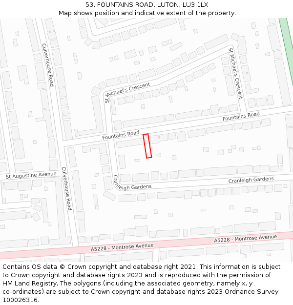 53, FOUNTAINS ROAD, LUTON, LU3 1LX: Location map and indicative extent of plot