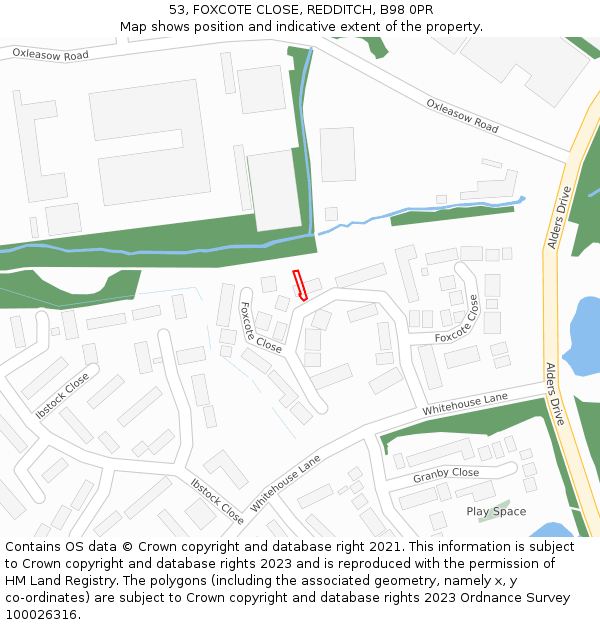 53, FOXCOTE CLOSE, REDDITCH, B98 0PR: Location map and indicative extent of plot