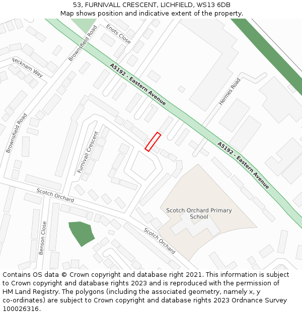 53, FURNIVALL CRESCENT, LICHFIELD, WS13 6DB: Location map and indicative extent of plot