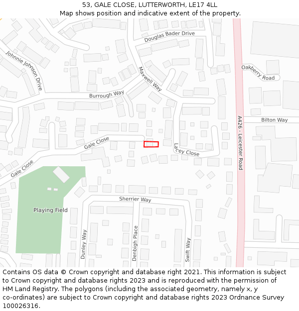 53, GALE CLOSE, LUTTERWORTH, LE17 4LL: Location map and indicative extent of plot