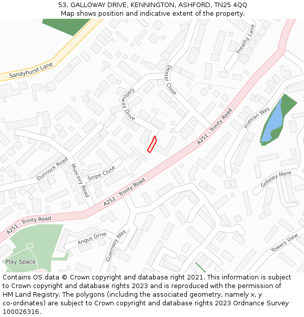 53, GALLOWAY DRIVE, KENNINGTON, ASHFORD, TN25 4QQ: Location map and indicative extent of plot