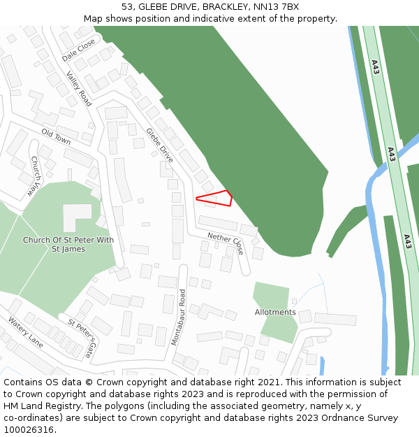 53, GLEBE DRIVE, BRACKLEY, NN13 7BX: Location map and indicative extent of plot