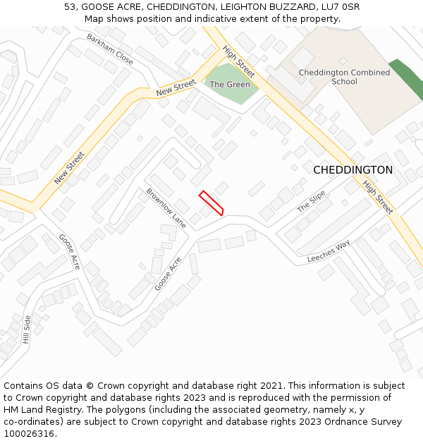 53, GOOSE ACRE, CHEDDINGTON, LEIGHTON BUZZARD, LU7 0SR: Location map and indicative extent of plot