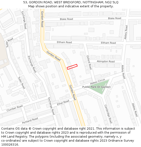 53, GORDON ROAD, WEST BRIDGFORD, NOTTINGHAM, NG2 5LQ: Location map and indicative extent of plot