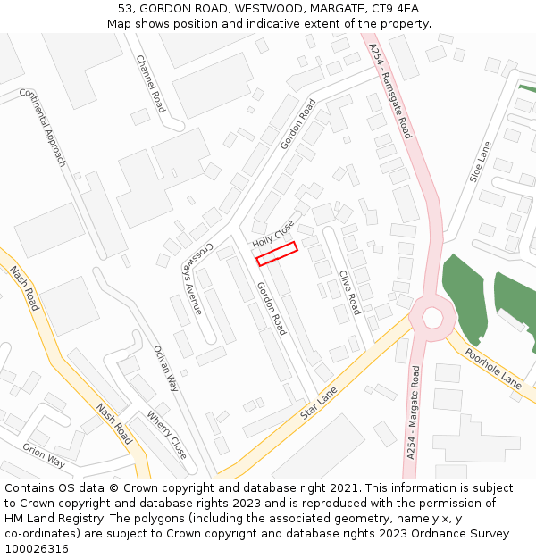 53, GORDON ROAD, WESTWOOD, MARGATE, CT9 4EA: Location map and indicative extent of plot