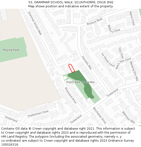 53, GRAMMAR SCHOOL WALK, SCUNTHORPE, DN16 3NQ: Location map and indicative extent of plot