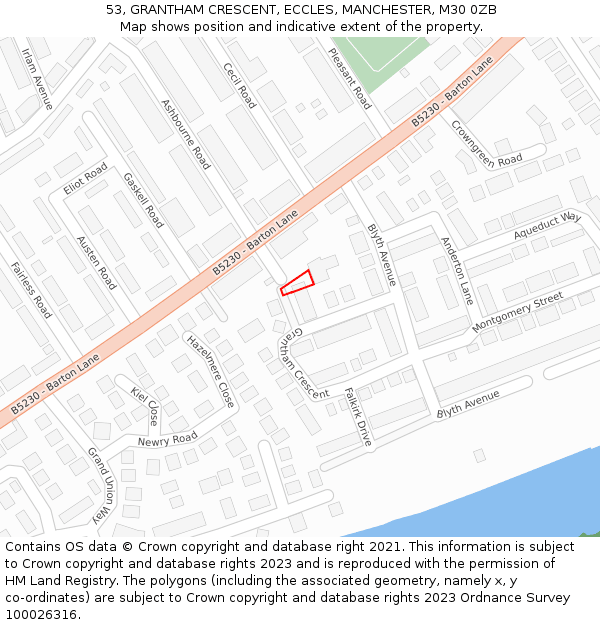 53, GRANTHAM CRESCENT, ECCLES, MANCHESTER, M30 0ZB: Location map and indicative extent of plot