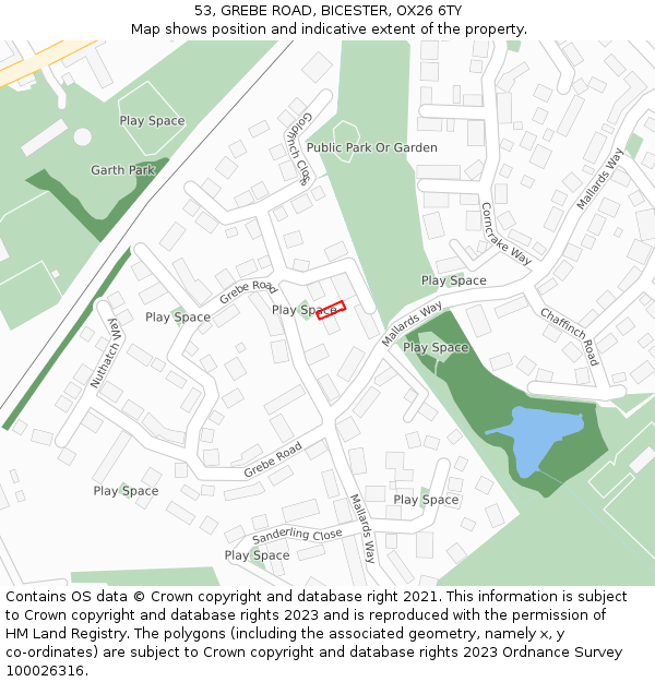 53, GREBE ROAD, BICESTER, OX26 6TY: Location map and indicative extent of plot