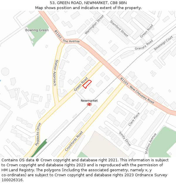 53, GREEN ROAD, NEWMARKET, CB8 9BN: Location map and indicative extent of plot