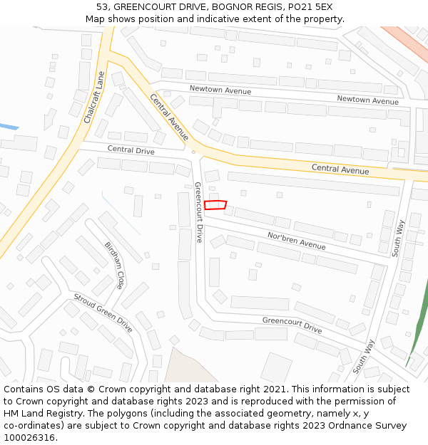 53, GREENCOURT DRIVE, BOGNOR REGIS, PO21 5EX: Location map and indicative extent of plot