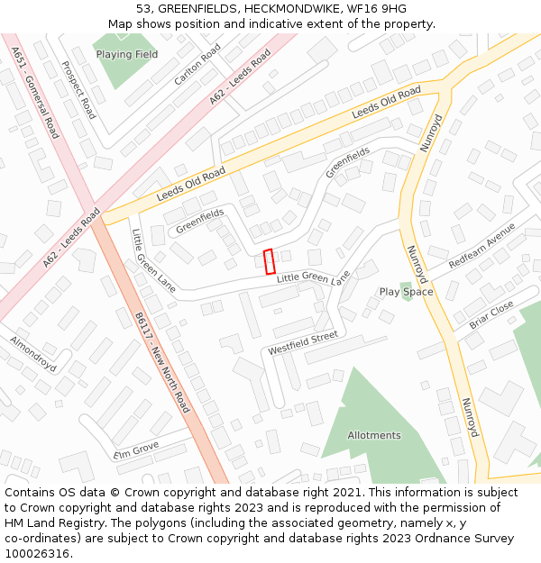 53, GREENFIELDS, HECKMONDWIKE, WF16 9HG: Location map and indicative extent of plot