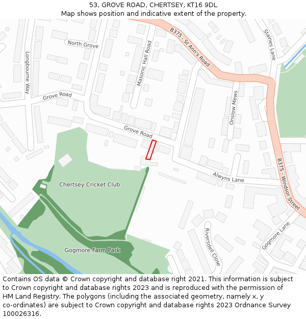 53, GROVE ROAD, CHERTSEY, KT16 9DL: Location map and indicative extent of plot