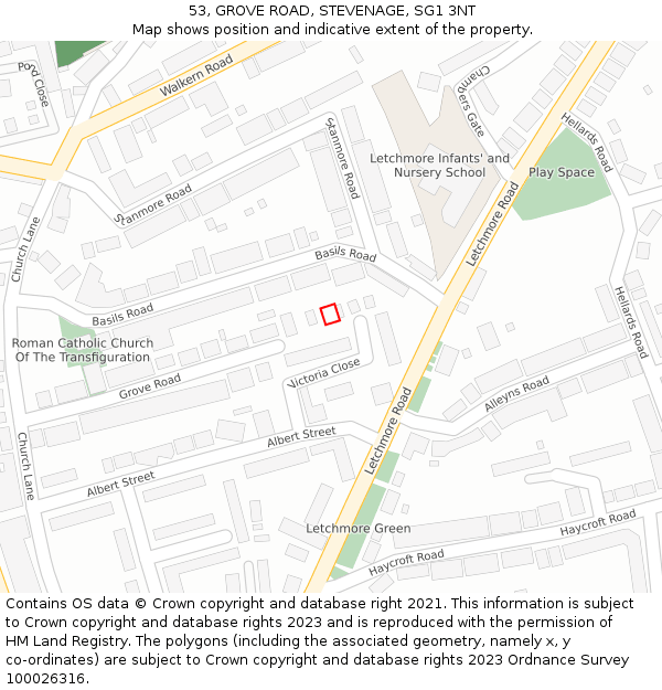 53, GROVE ROAD, STEVENAGE, SG1 3NT: Location map and indicative extent of plot