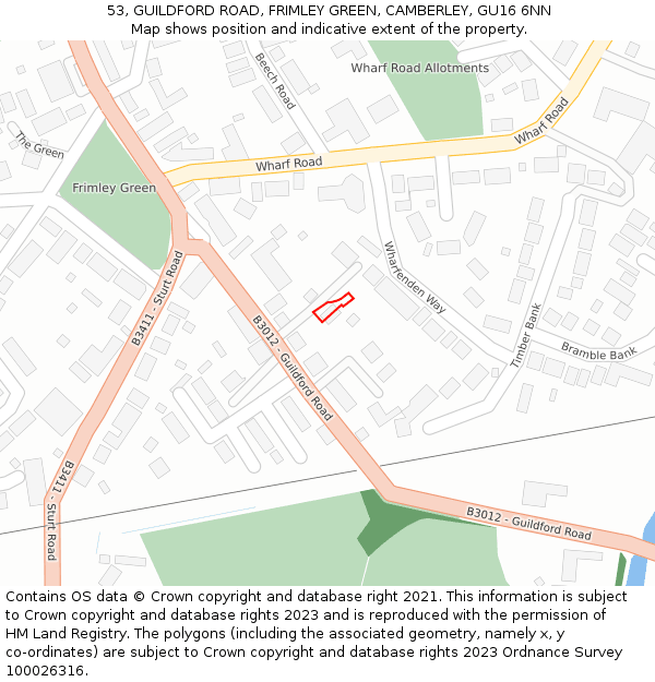 53, GUILDFORD ROAD, FRIMLEY GREEN, CAMBERLEY, GU16 6NN: Location map and indicative extent of plot