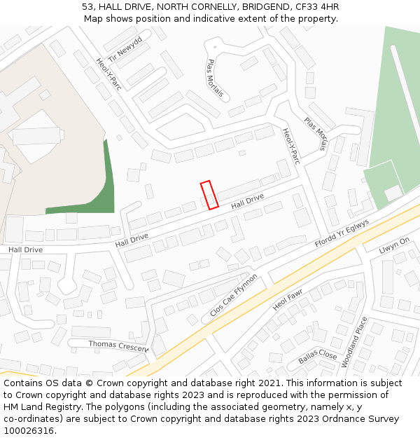 53, HALL DRIVE, NORTH CORNELLY, BRIDGEND, CF33 4HR: Location map and indicative extent of plot