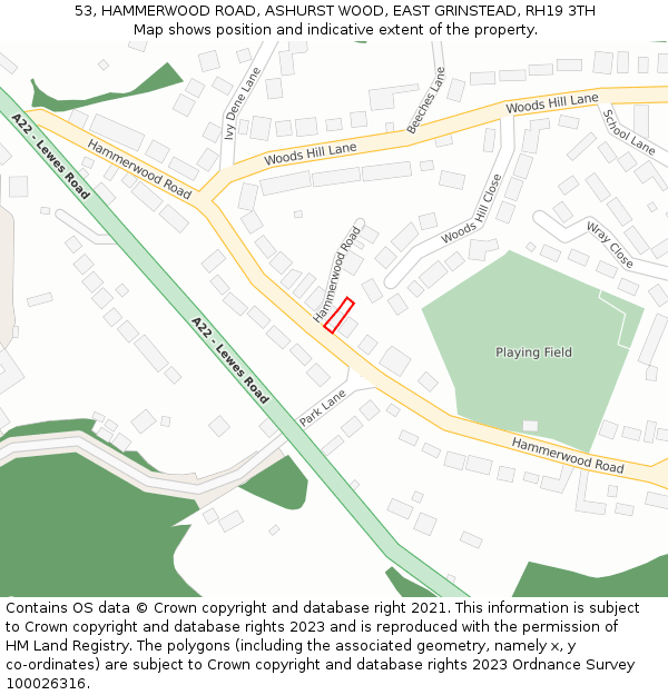 53, HAMMERWOOD ROAD, ASHURST WOOD, EAST GRINSTEAD, RH19 3TH: Location map and indicative extent of plot