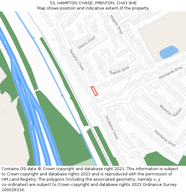 53, HAMPTON CHASE, PRENTON, CH43 9HE: Location map and indicative extent of plot
