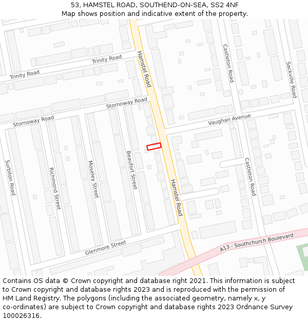 53, HAMSTEL ROAD, SOUTHEND-ON-SEA, SS2 4NF: Location map and indicative extent of plot