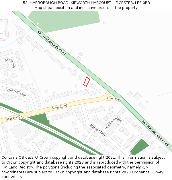 53, HARBOROUGH ROAD, KIBWORTH HARCOURT, LEICESTER, LE8 0RB: Location map and indicative extent of plot