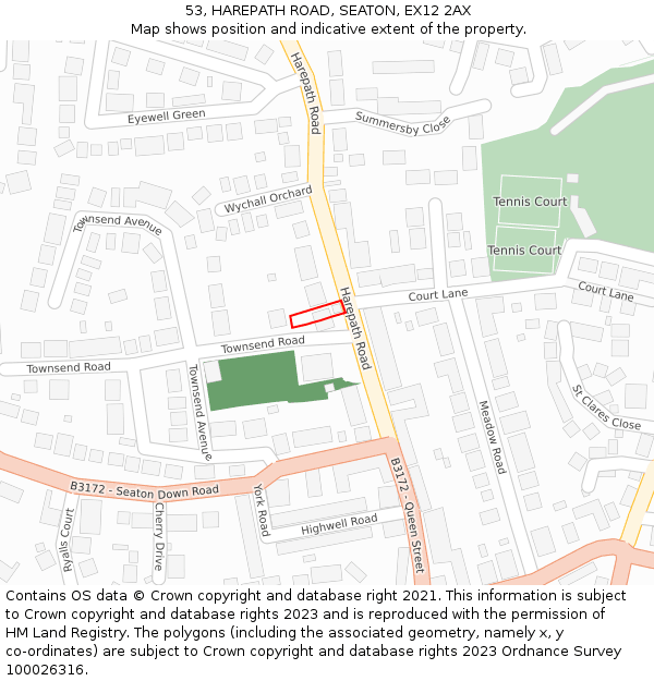 53, HAREPATH ROAD, SEATON, EX12 2AX: Location map and indicative extent of plot