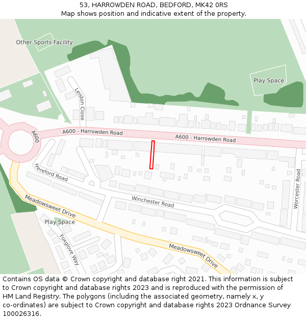 53, HARROWDEN ROAD, BEDFORD, MK42 0RS: Location map and indicative extent of plot