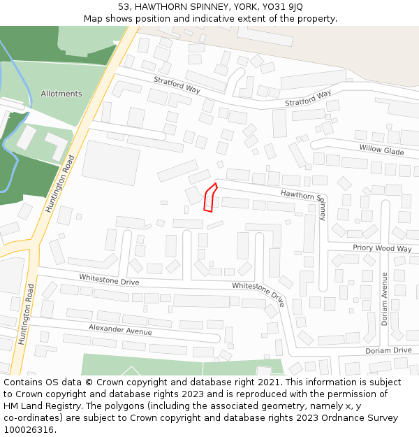 53, HAWTHORN SPINNEY, YORK, YO31 9JQ: Location map and indicative extent of plot