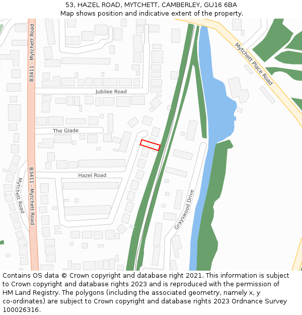 53, HAZEL ROAD, MYTCHETT, CAMBERLEY, GU16 6BA: Location map and indicative extent of plot