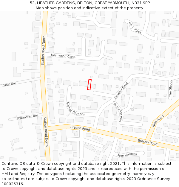 53, HEATHER GARDENS, BELTON, GREAT YARMOUTH, NR31 9PP: Location map and indicative extent of plot