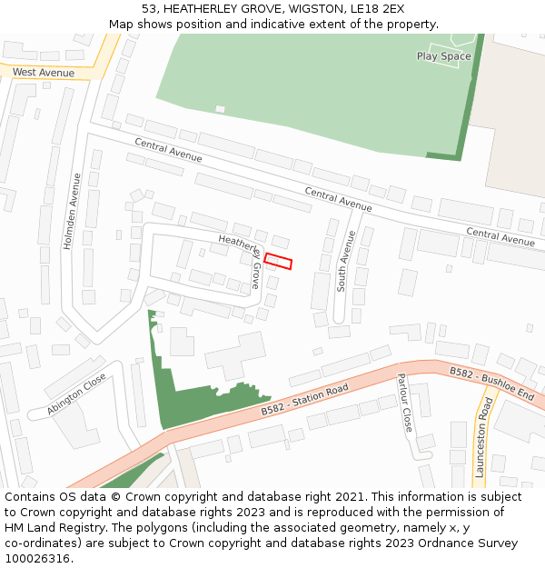 53, HEATHERLEY GROVE, WIGSTON, LE18 2EX: Location map and indicative extent of plot