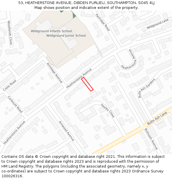 53, HEATHERSTONE AVENUE, DIBDEN PURLIEU, SOUTHAMPTON, SO45 4LJ: Location map and indicative extent of plot