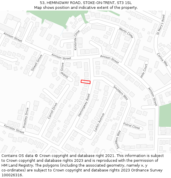 53, HEMINGWAY ROAD, STOKE-ON-TRENT, ST3 1SL: Location map and indicative extent of plot