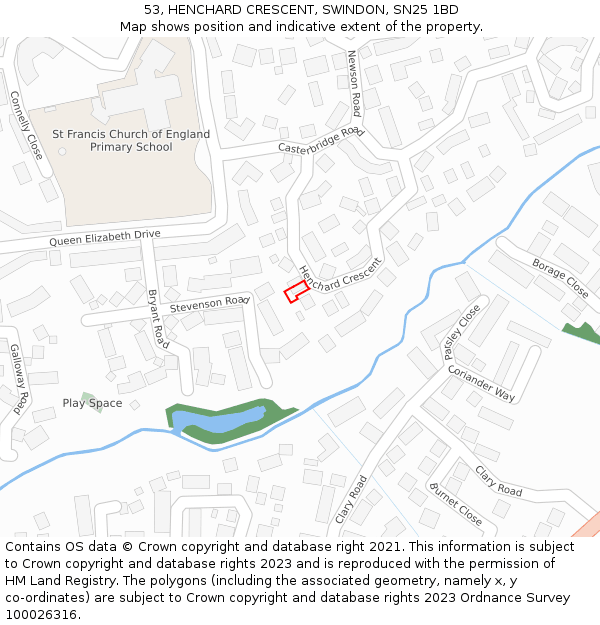 53, HENCHARD CRESCENT, SWINDON, SN25 1BD: Location map and indicative extent of plot