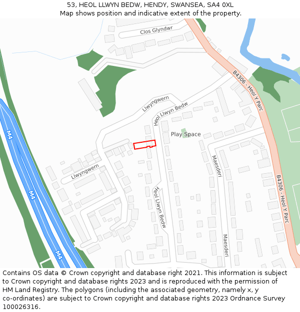 53, HEOL LLWYN BEDW, HENDY, SWANSEA, SA4 0XL: Location map and indicative extent of plot