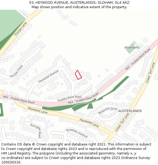 53, HEYWOOD AVENUE, AUSTERLANDS, OLDHAM, OL4 4AZ: Location map and indicative extent of plot