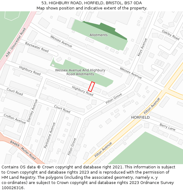 53, HIGHBURY ROAD, HORFIELD, BRISTOL, BS7 0DA: Location map and indicative extent of plot