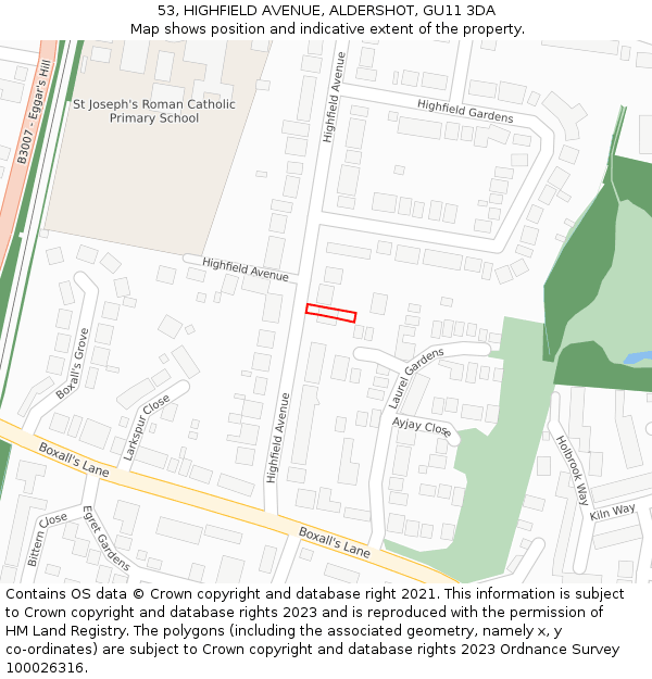 53, HIGHFIELD AVENUE, ALDERSHOT, GU11 3DA: Location map and indicative extent of plot