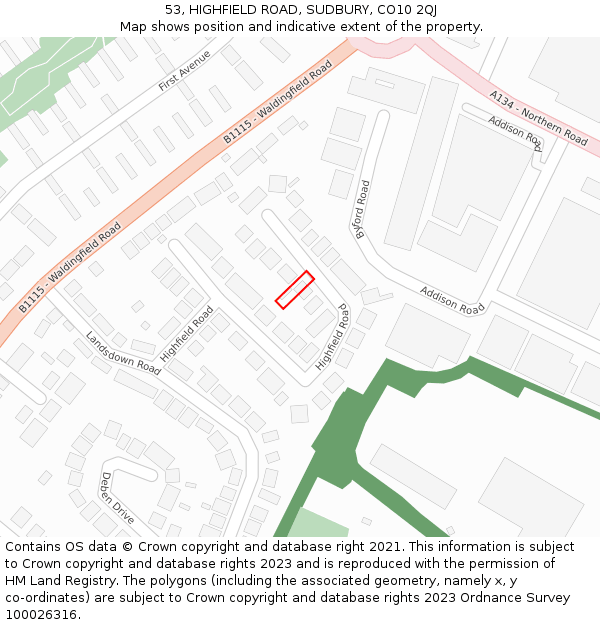 53, HIGHFIELD ROAD, SUDBURY, CO10 2QJ: Location map and indicative extent of plot