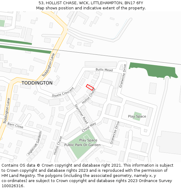 53, HOLLIST CHASE, WICK, LITTLEHAMPTON, BN17 6FY: Location map and indicative extent of plot