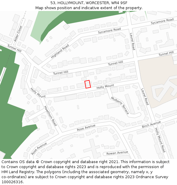 53, HOLLYMOUNT, WORCESTER, WR4 9SF: Location map and indicative extent of plot