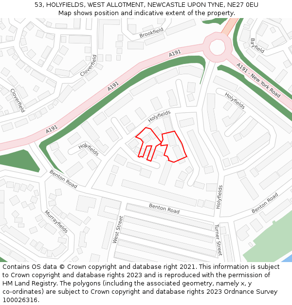 53, HOLYFIELDS, WEST ALLOTMENT, NEWCASTLE UPON TYNE, NE27 0EU: Location map and indicative extent of plot