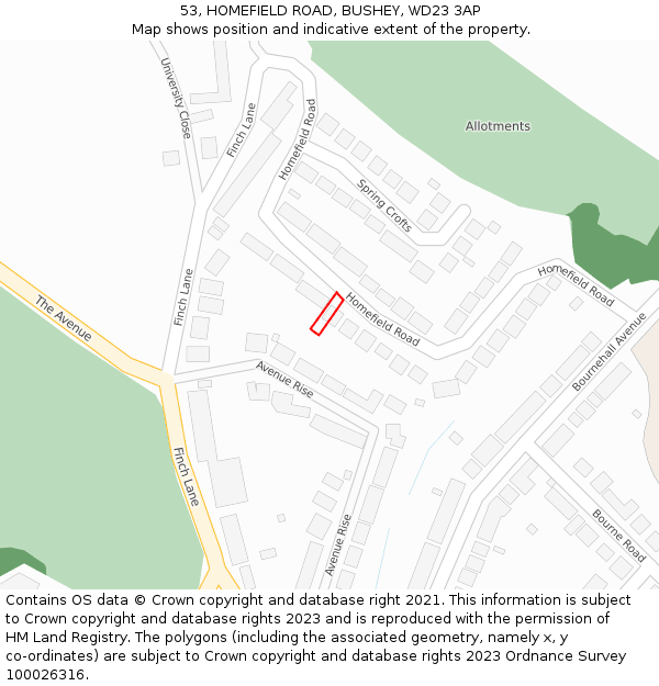 53, HOMEFIELD ROAD, BUSHEY, WD23 3AP: Location map and indicative extent of plot