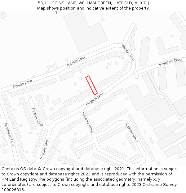 53, HUGGINS LANE, WELHAM GREEN, HATFIELD, AL9 7LJ: Location map and indicative extent of plot