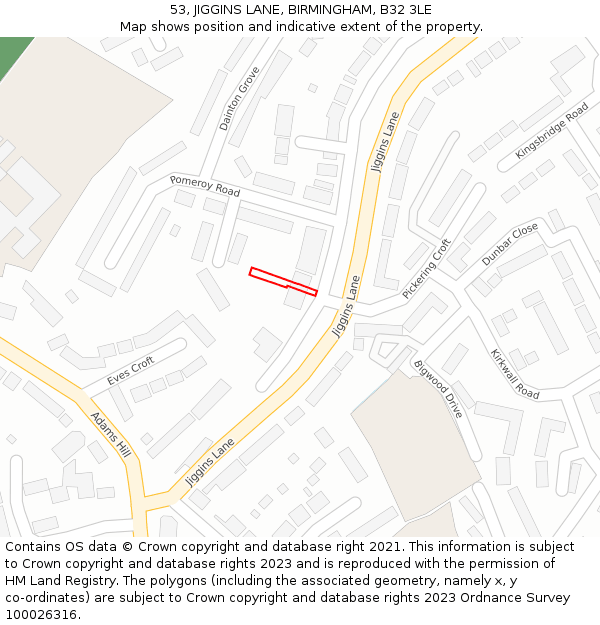 53, JIGGINS LANE, BIRMINGHAM, B32 3LE: Location map and indicative extent of plot