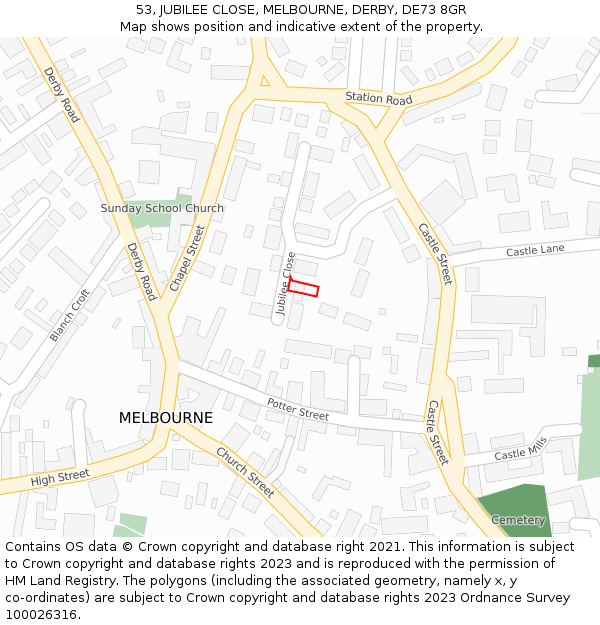 53, JUBILEE CLOSE, MELBOURNE, DERBY, DE73 8GR: Location map and indicative extent of plot