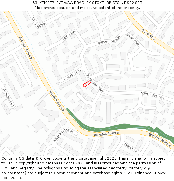 53, KEMPERLEYE WAY, BRADLEY STOKE, BRISTOL, BS32 8EB: Location map and indicative extent of plot