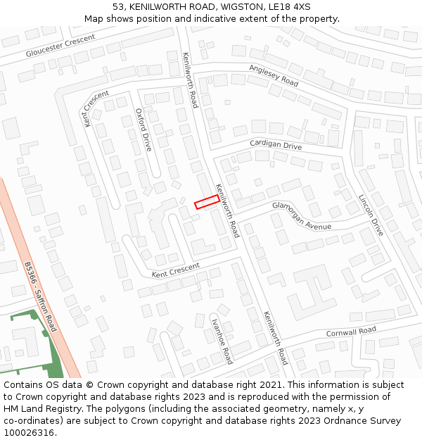 53, KENILWORTH ROAD, WIGSTON, LE18 4XS: Location map and indicative extent of plot